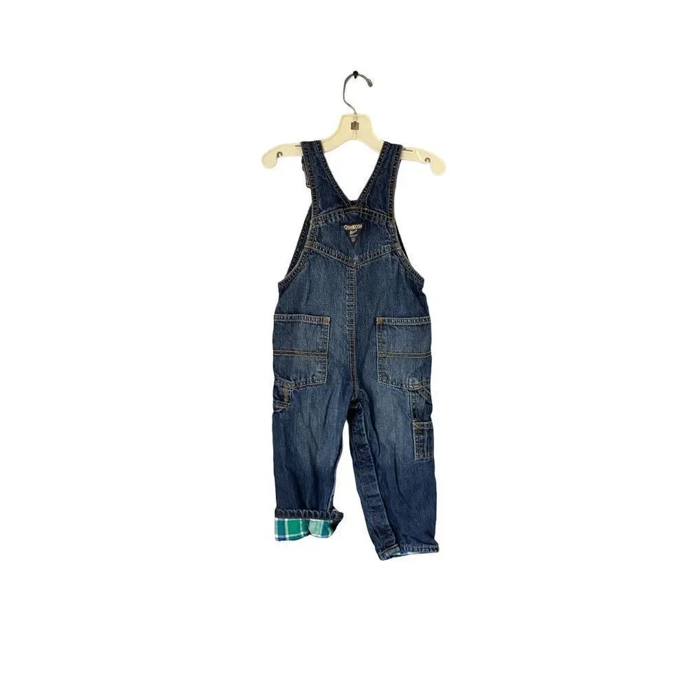 Oshkosh by gosh flannel lined jean overalls/bibs green blue and white size 18 mo